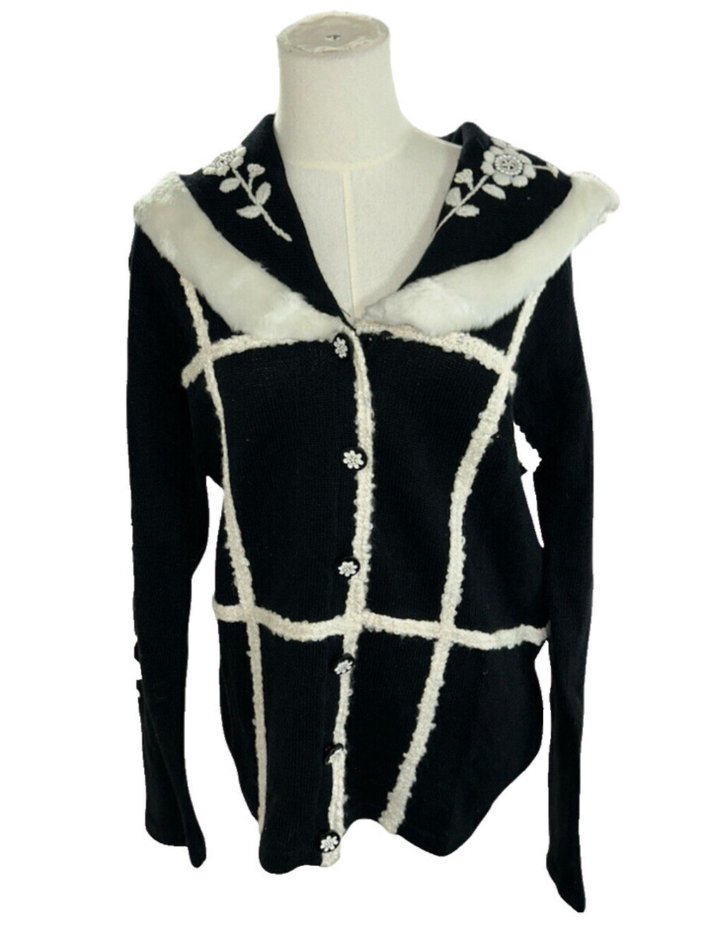 storybook knits sweater Small Cardigan Women’s Black White Flowers Floral
